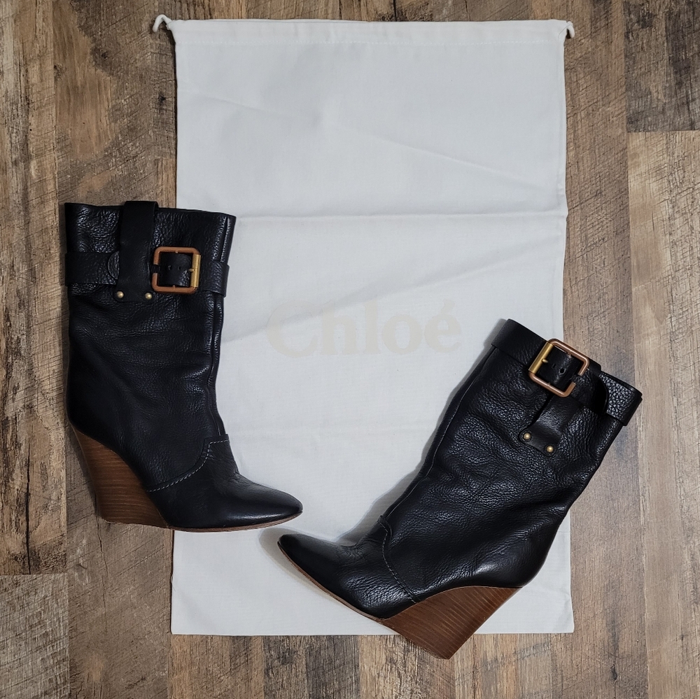 Chloé Black Leather Wedge Boots Sz 40